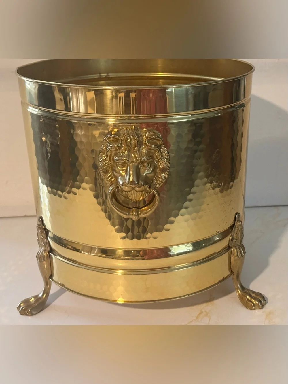 Vintage Brass 2 Headed Lion-Handled Decorative Planter - Gold Finish